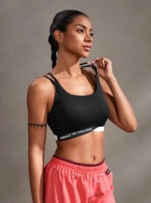 Easithlete Women's Criss-Cross Back Letter Print Colorblock Sports Bra