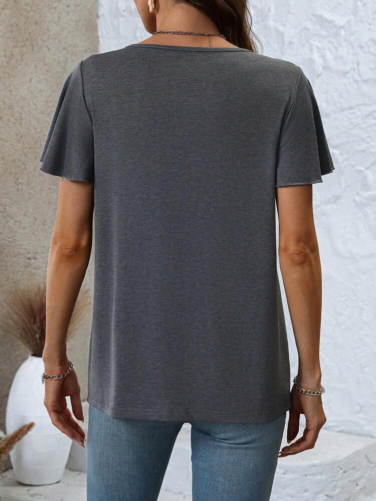 Women's Round Neck Single-Breasted Plain Casual Loose Comfortable Ruffle Sleeve T-Shirt