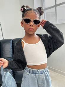 SHEIN 母女亲子装（单独出售）——女童休闲百搭黑色毛绒针织外套，适合秋冬季节居家及日常穿着 - 黑色 - 查看 2