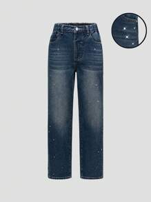 SHEIN Vintage Y2K Tween Girl Rhinestone Studded Detailed Wide Leg Jeans, Fashionable And Versatile - Medium Wash - View 1