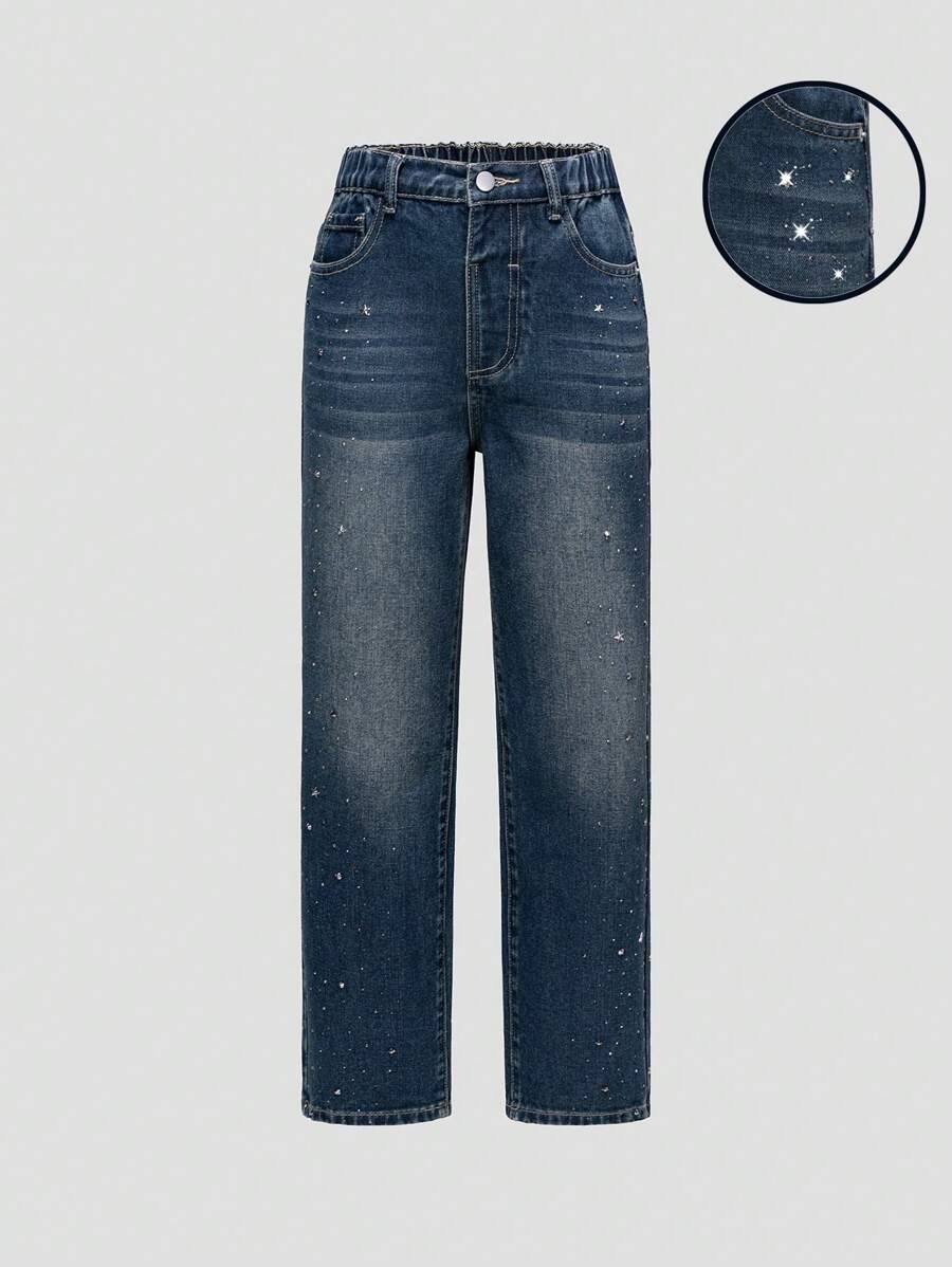 SHEIN Vintage Y2K Tween Girl Rhinestone Studded Detailed Wide Leg Jeans, Fashionable And Versatile - Medium Wash - View 1