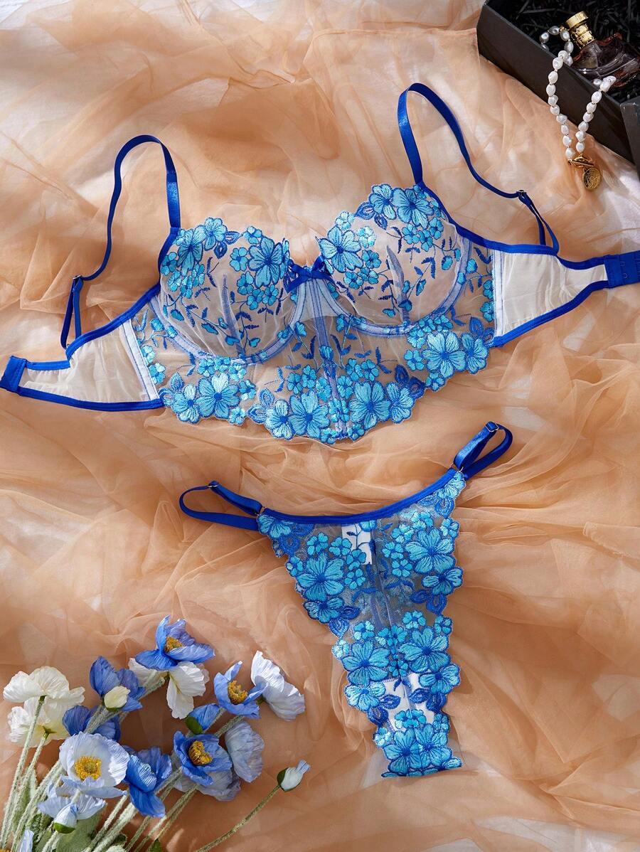 2 piezas Conjunto de lencería azul fresco para mujeres - Azul - Ver 1