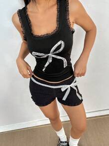 Flirla 女士休闲蝴蝶印花蕾丝边吊带背心，夏季