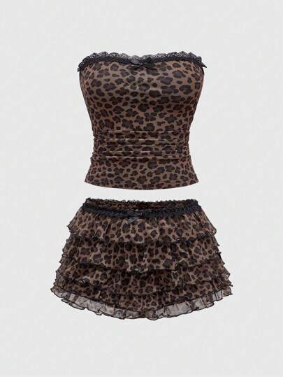 ROMWE J-Fashion Y2K Hot Girl 豹纹抹胸和短裤套装，适合女性和学校