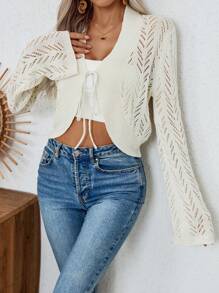 SHEIN LUNE Cardigan Rajut Polos Berongga untuk Liburan Santai - Aprikot - View 3