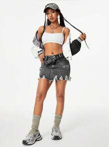 SHEIN EZwear Women's Ripped & Frayed Hem Vintage Washed Denim Mini Skirt, - Black - View 7