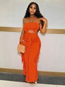 BamGleam Women's Two-Piece Set, Short Cut Top And Mid-Length Skirt With Ruffle Design, Orange - Burnt Orange - View 5