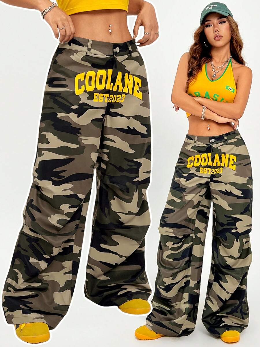 SHEIN EZwear Quần ống đứng in chữ ngụy trang phong cách bạn trai thường ngày dạo phố, thời trang thời trang, quần áo trở lại trường - xanh quân đội - Xem 1