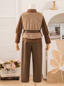 SHEIN Young Girls 3-Piece Set: Fluffy Vest, Turtleneck Long Sleeve Top, And Pants, Fashionable Outfit For Young Girls, Suitable For Casual Wear, Outdoor Activities In Autumn/Winter