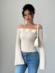 Chiquease 女士纯色罗纹露肩贴花针织套头衫，秋冬款 - 杏色 - 查看 7