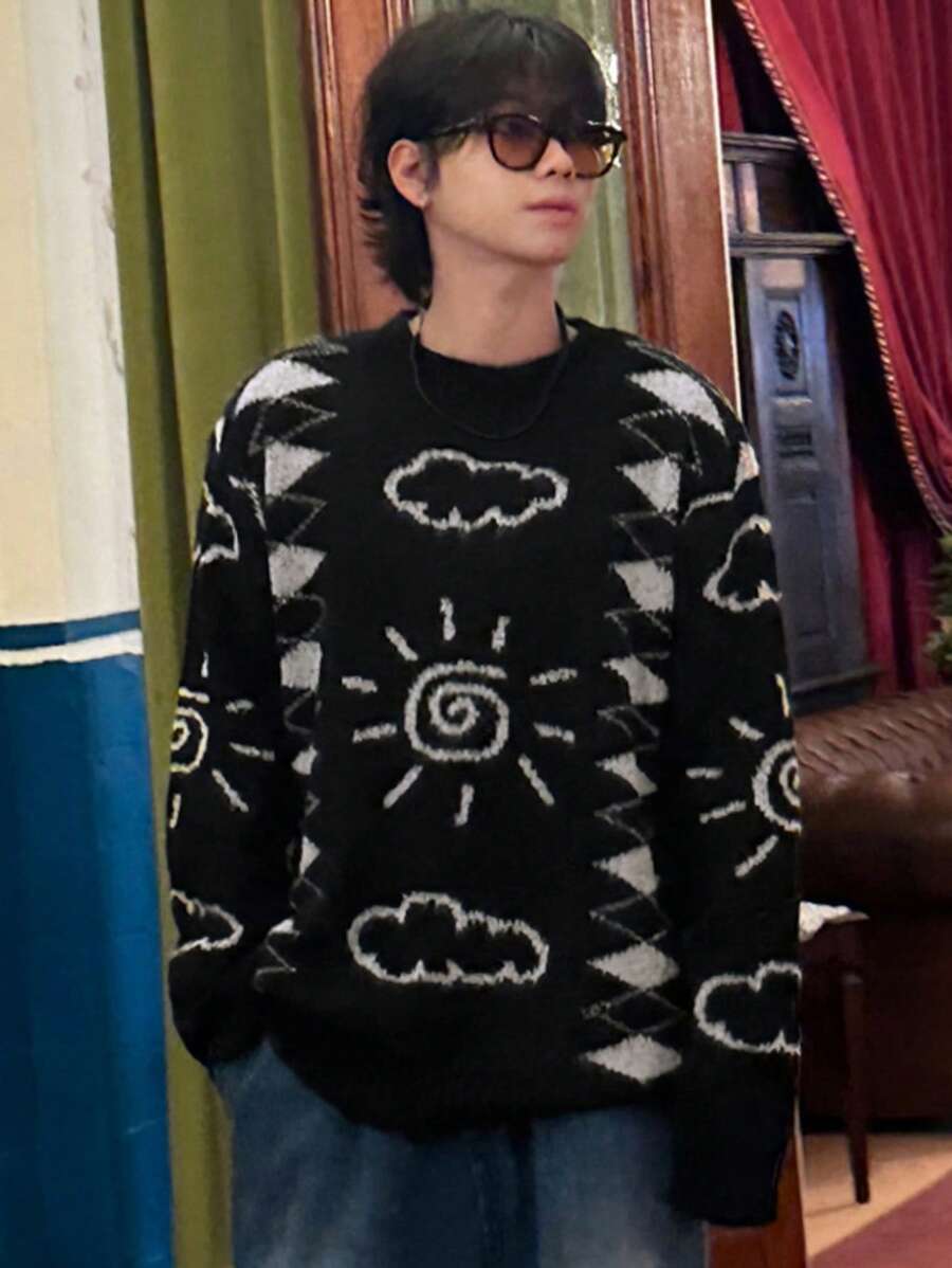 DAZY 男士休闲拼色针织毛衣,秋季 - 黑色 - 查看 1