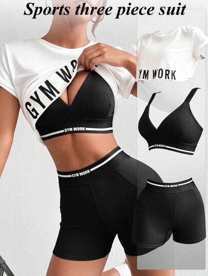 Eassivo Eassivo Women Round Neck Short Sleeve Letter Printed Top + Spaghetti Strap Crisscross Back Striped Patchwork Bra And Shorts, 3pcs Slim Fit Casual Sports Set Workout Women Setwomen Workout Set Gym Women Outfit