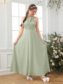 SHEIN Teen Girl Ethereal & Twist Neck Plain Chiffon Dress - Green - View 5