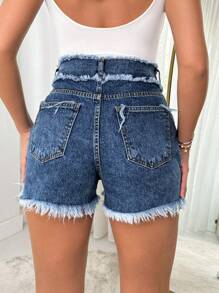 EURMUSE FRAYED DETAIL LOW WAIST JEAN SHORT - Medium Wash - View 2