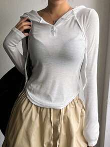 DAZY Women's Spring/Summer Casual Solid Color Drawstring Hooded Slim Fit T-Shirt Long Sleeve Women Tops - White - View 1