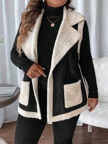 SHEIN LUNE Plus Size Dames Colorblock Zakken Opstaande Kraag Mouwloos Los Jack, Winter