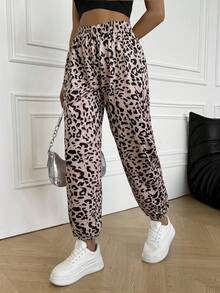 SHEIN EZwear Women's Elastic Waist Casual Stylish Leopard Print Cuff Sweatpants - Multicolor - View 3