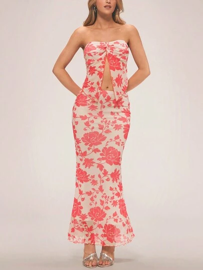 Forever 21 Red Floral Bodycon Strapless Long Dress And Skirt Set For Vacation
