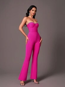 SHEIN Belle Glamorous Rhinestone Embellished Bustier Elegant Jumpsuit With Padded Cups - Hot Pink - View 7