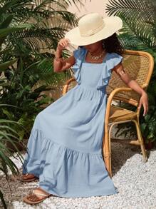 SHEIN Vestido informal de unicolor con dobladillo de volantes tejido para niñas preadolescentes, primavera verano - Celeste - Ver 5