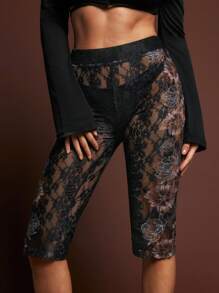 SHEINNeu Women's Sexy Sheer Floral Lace Long Pants, Summer Leggings Women's Jogging Pants Women's Jogging Pants Women's Leggings Women's Leggings - Multicolor - View 3