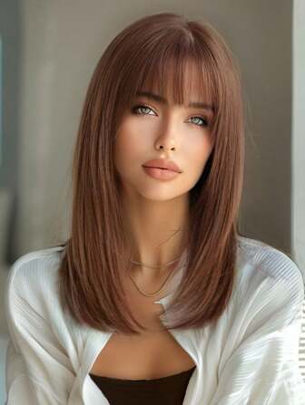 黑棕和髒橙短髮波波頭假髮帶瀏海女士用，合成纖維假髮自然造型，時尚可愛派對日常佩戴假髮