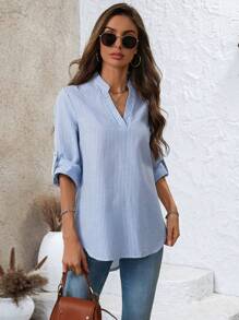 EMERY ROSE 女士条纹印花 V 领卷袖休闲衬衫 - 藍白色 - 查看 3