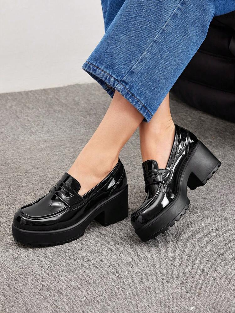 CUCCOO BIZCHIC Stitch Detail Platform Loafer Shoes For Summer Vacation Shoes Summer Back To School Shoes College Student Shoes Elegant Basics Business Casual Business Chic Sorceress Spring Shoes Spring Break Easter For Christmas Spring Shoes - Black - View 5