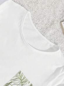 RueChic 3 peças/conjunto feminino algodão plantas imprimir pijamas & shorts e bolso detalhe homewear pijama conjunto