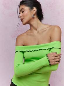 MISSGUIDED Boho Festive St. Patrick'S Day Ribbed Off-Shoulder Long Sleeve Top With Ruffle Trim Perfect For Irish Holiday Celebrations Stylish Fitted Party Wear Christmas - Green - View 3