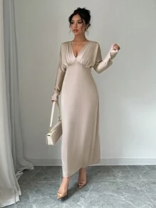 Elenzga Vestido de manga tipo murciélago de unicolor elegante para mujer en primavera y otoño