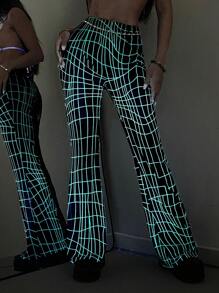 StreetHx Fashionable Glow-In-The-Dark Geometric Lines Flared Pants Fall Cloth For Women