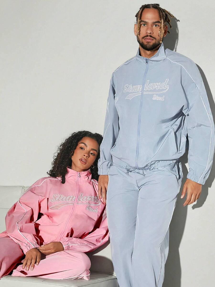 SHEIN Unity 字母图案拉链夹克 - 藍色 - 查看 1