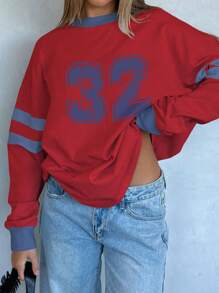 INAWLY Áo thun nữ tay dài cổ tròn in số tương phản màu sắc tương phản - Đỏ - Xem 1