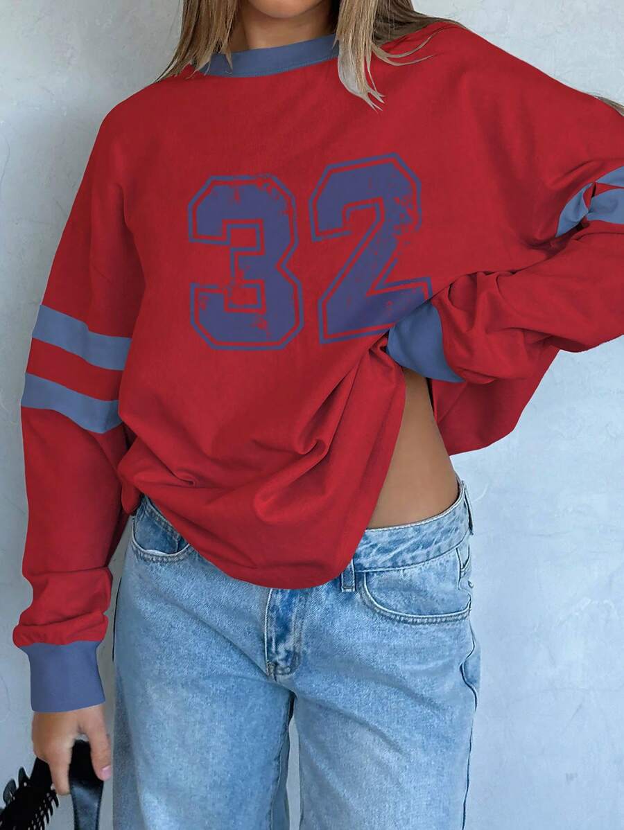 INAWLY Áo thun nữ tay dài cổ tròn in số tương phản màu sắc tương phản - Đỏ - Xem 1
