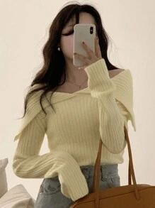 DAZY Women Off Shoulder Solid Minimalist Casual Sweater Off Shoulder Sweater,Fall Women Clothes Cute Tops - Yellow - View 2