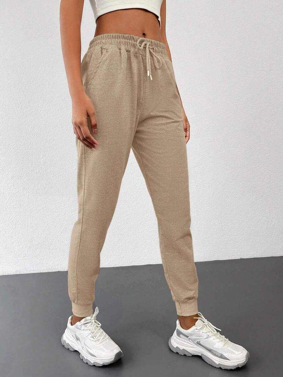 RueChic Solid Drawstring Waist Sweatpants - Beige - View 1