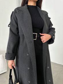 EURMUSE Women's Double-breasted Mid-length Woolen Coat - Dark Grey - View 3