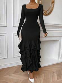 SHEIN Privé Ruffle Hem Long Sleeve Long Black Bodycon Dress - Black - View 1