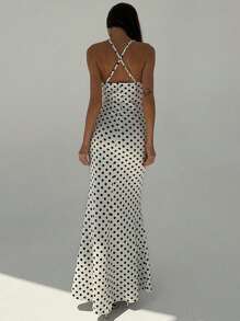 Aloruh 春夏時尚獨特波點印花三維花朵裝飾性感低胸深V領無袖露背人魚裙