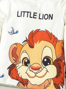 Conjunto de pijama com 2 peças de blusa de manga comprida e calça comprida estampada de leão para menino
