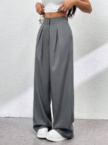 SHEIN Essnce Pantalón casual de pierna ancha de cintura alta, verano, para mujer - Gris Oscuro - Ver 6