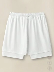 Manfinity VCAY Pantalones cortos deportivos con estampado digital de letras falso de 2 piezas para hombres, de vuelta a la escuela