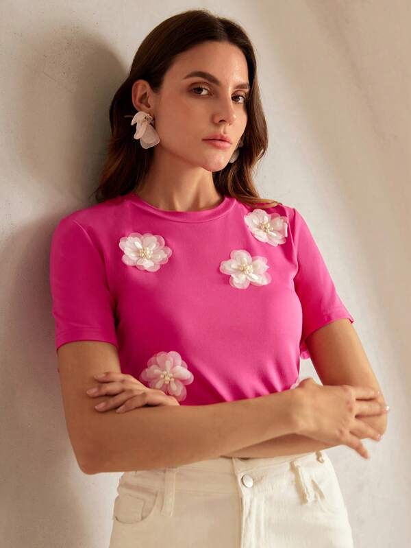 Anewsta Elegant Stretch 3D Floral Print Short Sleeve T-Shirt In Rose Red And White Graphic Tees Women Tops
