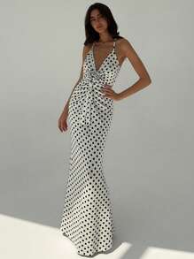 Aloruh 春夏時尚獨特波點印花三維花朵裝飾性感低胸深V領無袖露背人魚裙