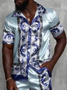 Manfinity AFTRDRK Áo sơ mi nam tay ngắn cổ bẻ màu trơn, áo sơ mi in họa tiết satin thoải mái cho nam - Nhiều màu - Xem 1
