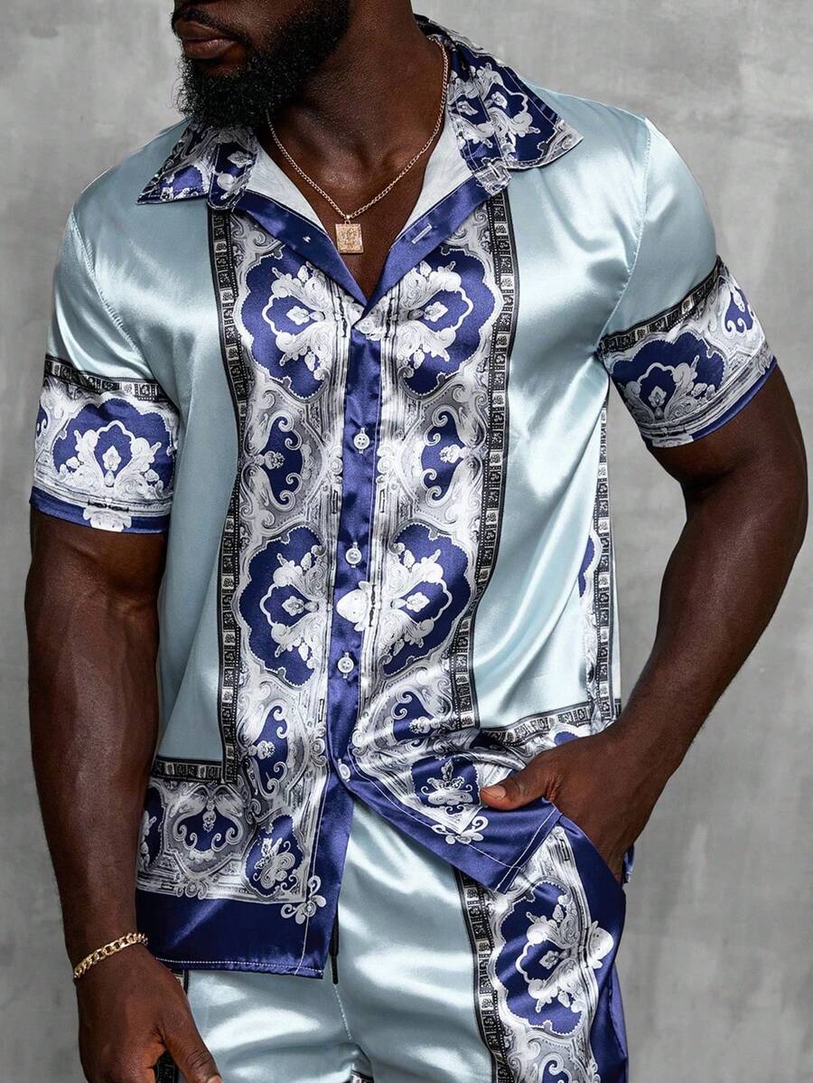 Manfinity AFTRDRK Áo sơ mi nam tay ngắn cổ bẻ màu trơn, áo sơ mi in họa tiết satin thoải mái cho nam - Nhiều màu - Xem 1