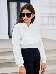 Tween Girls' Loose Casual Hooded Pullover Textured Knit Cropped Oversized Long Sleeve Sweatshirt - White - View 7