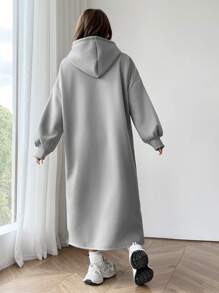 SHEIN EZwear Women's Solid Color Drop Shoulder Long Sleeve Drawstring Hoodie Dress, Winter/ Fall Clothes - Grey - View 2