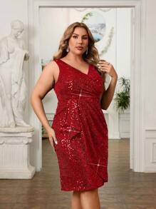 SHEIN Belle Plus Size Oversized Emerald V-Neck Sequined Asymmetrical Wrap Elegant Party Dress, Cocktail Semi Formal Prom Dress, For Birthday, Wedding Guest, Graduation, Dinner, Homecoming - Red - View 3